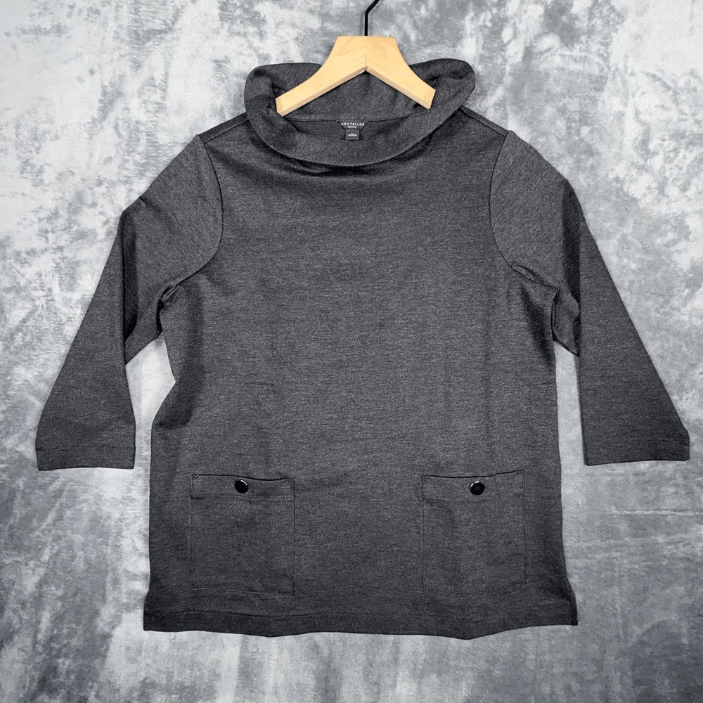 Ann Taylor Womens Cowl Neck Tunic Top Petite M Gray 3/4 Sleeve‎ Pockets NWT